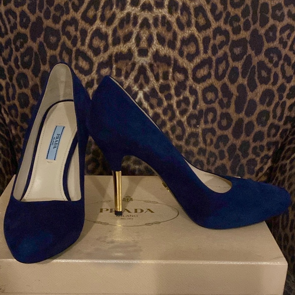 Prada Blue and Gold High Heeled Pumps